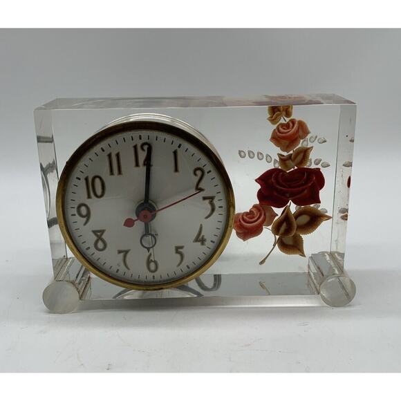 Vtg SESSIONS Lucite Clock MCM Art Deco Roses Tested Working Alarm Does Not Work - Picture 1 of 8
